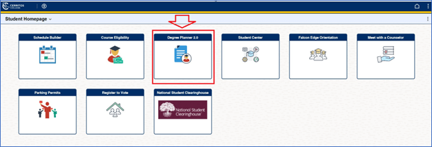 MyCerritos portal showing varous tiles for programs. Degree Planner tile is highligted.
