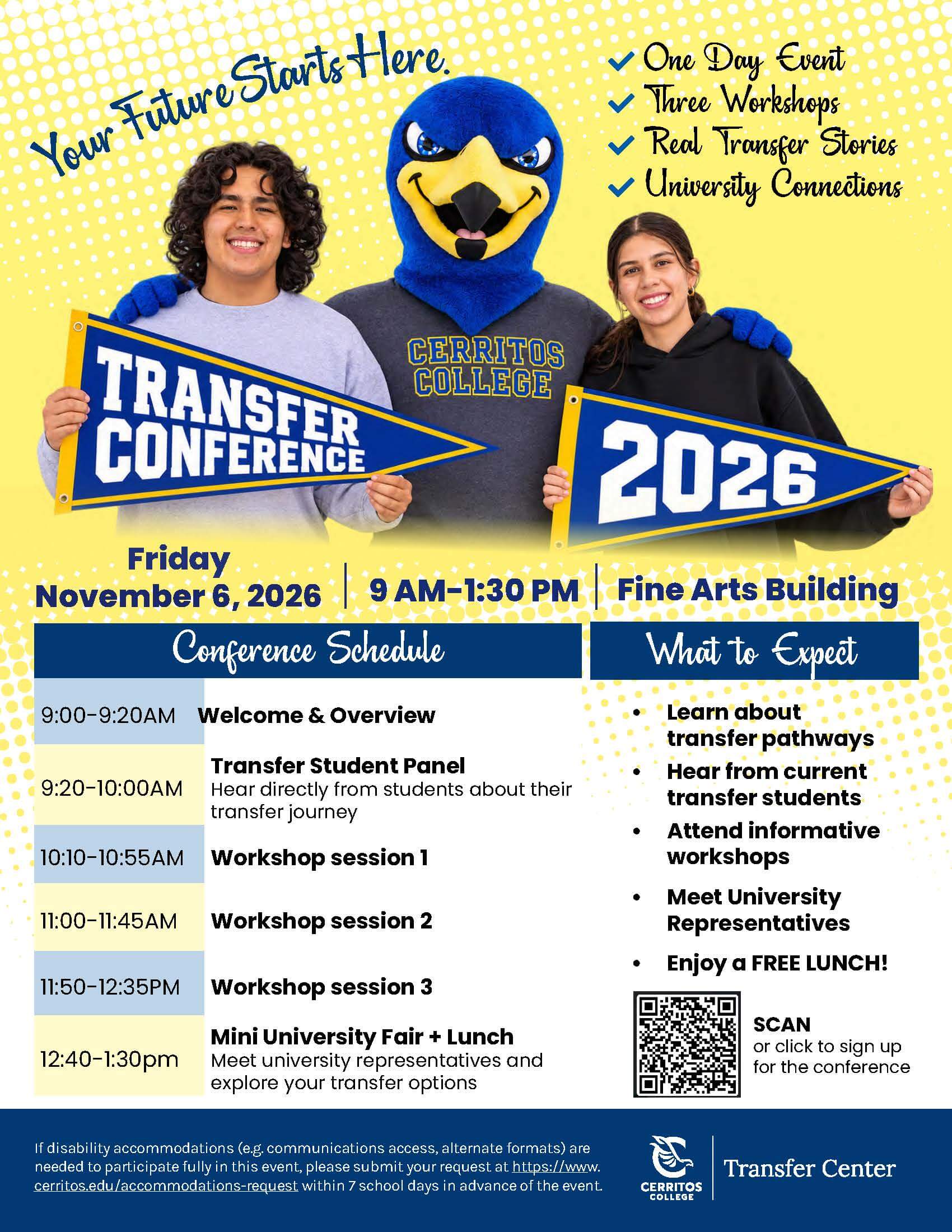 Transfer Conference 2026 flyer: Fri, Nov 6, 9 AM–1:30 PM, Fine Arts Building. Students and falcon mascot hold pennants.