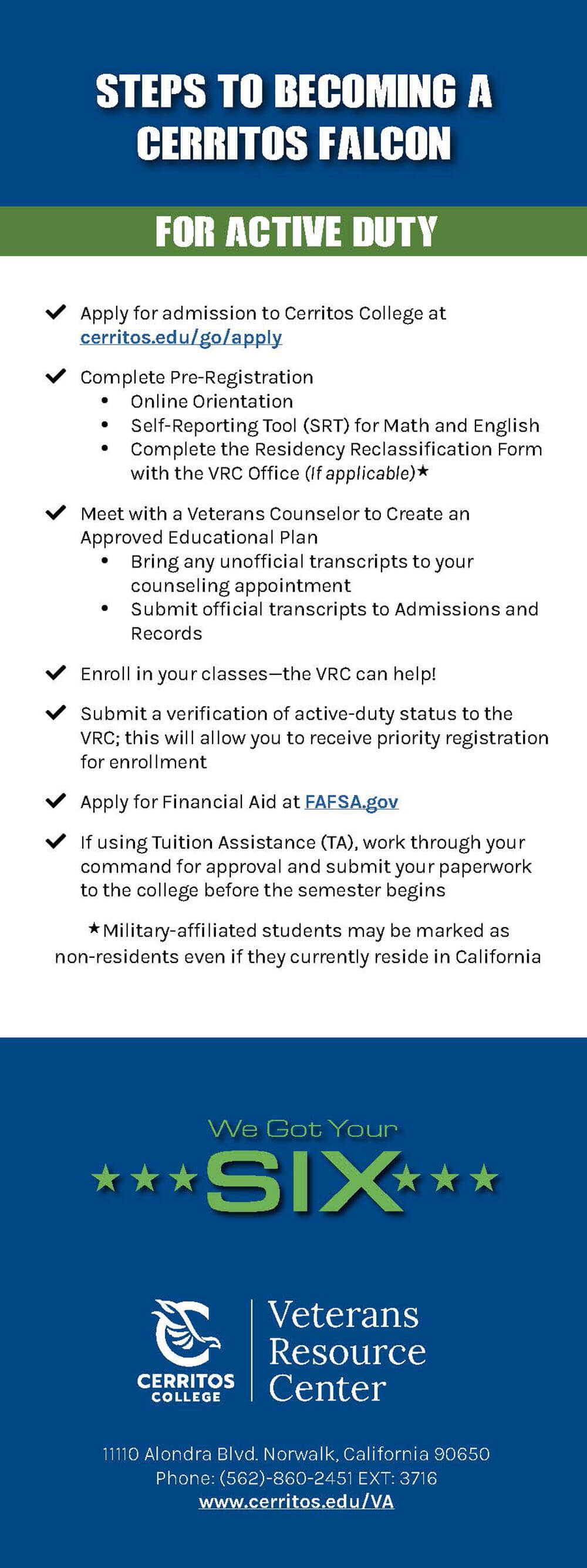 Steps to becoming a Cerritos Falcon for Active Duty Individuals
