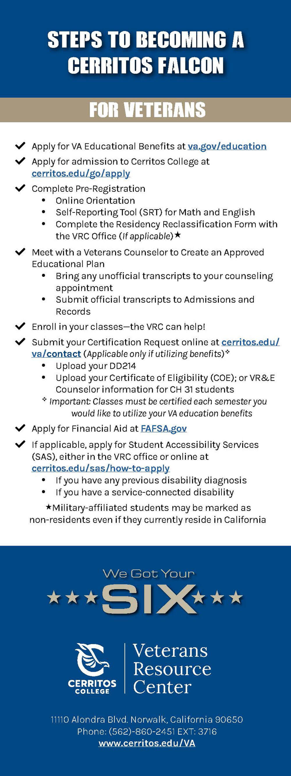 Steps to becoming a Cerritos Falcon for Veterans