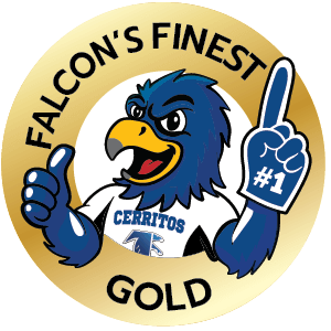 Falcon's Finest Gold pin with Franco Falcon in the middle with his arms crossed.