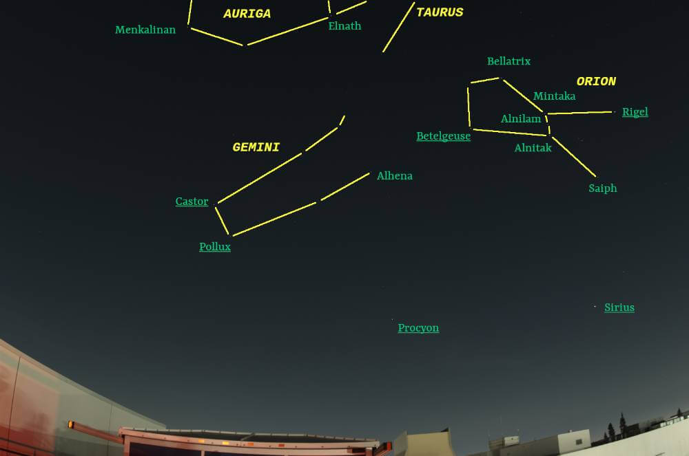 January sky looking east with stars and constellations labeled
