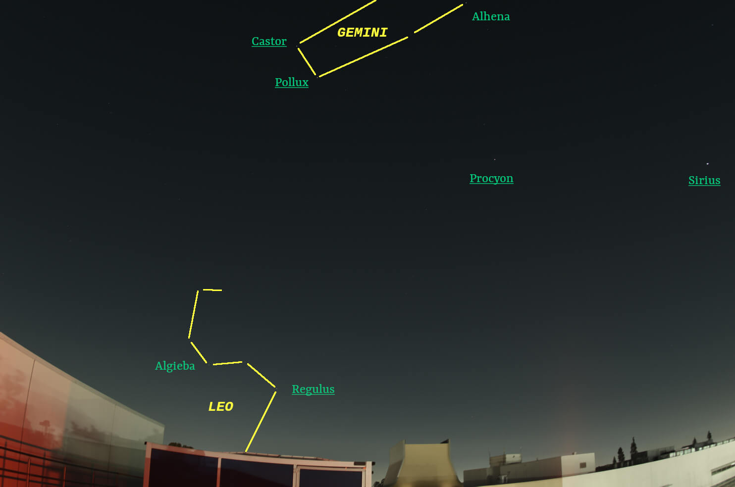 February sky looking east with stars and constellations labeled