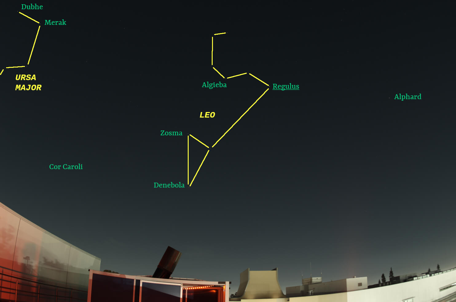 March sky looking east with stars and constellations labeled