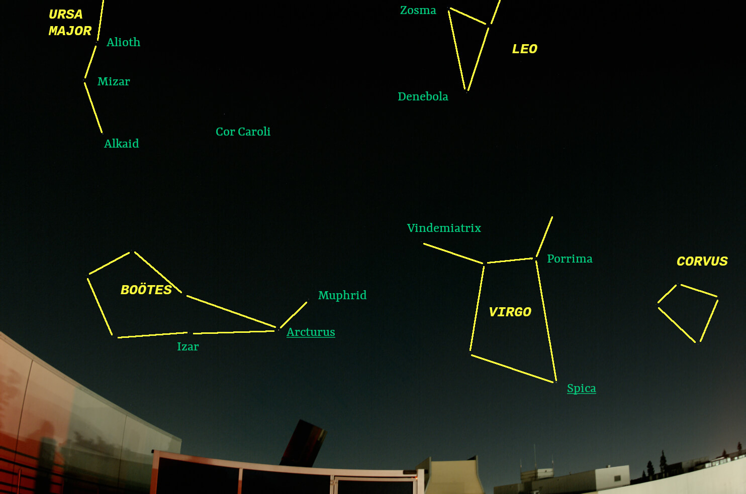 April sky looking east with stars and constellations labeled