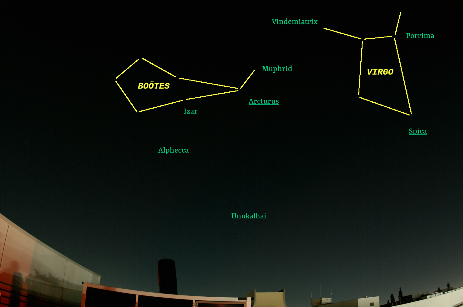 May sky looking east with stars and constellations labeled
