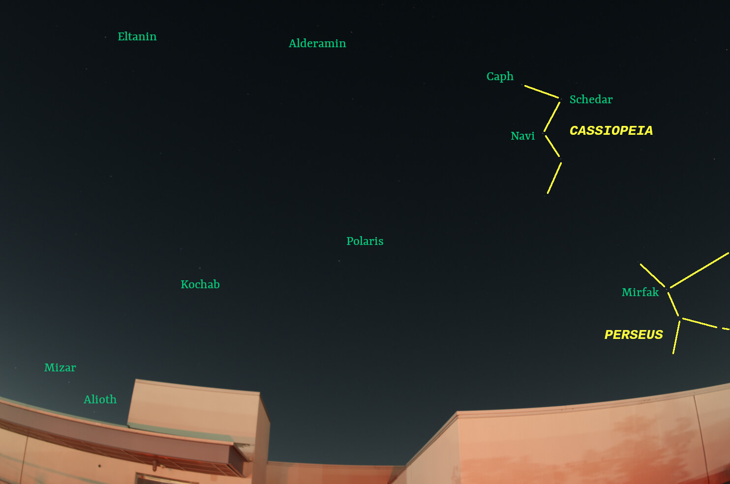 October sky looking north with stars and constellations labeled