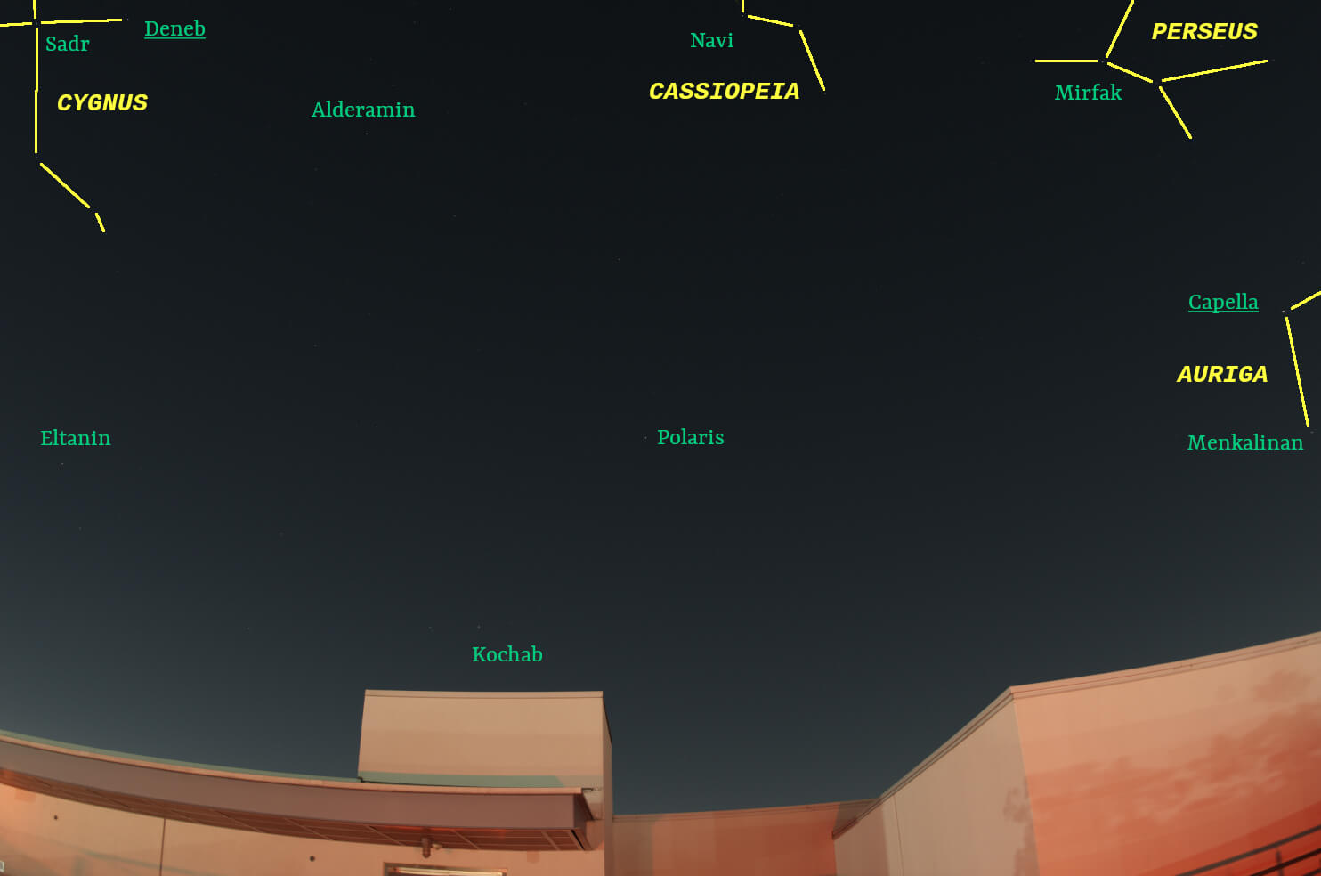 November sky looking north with stars and constellations labeled