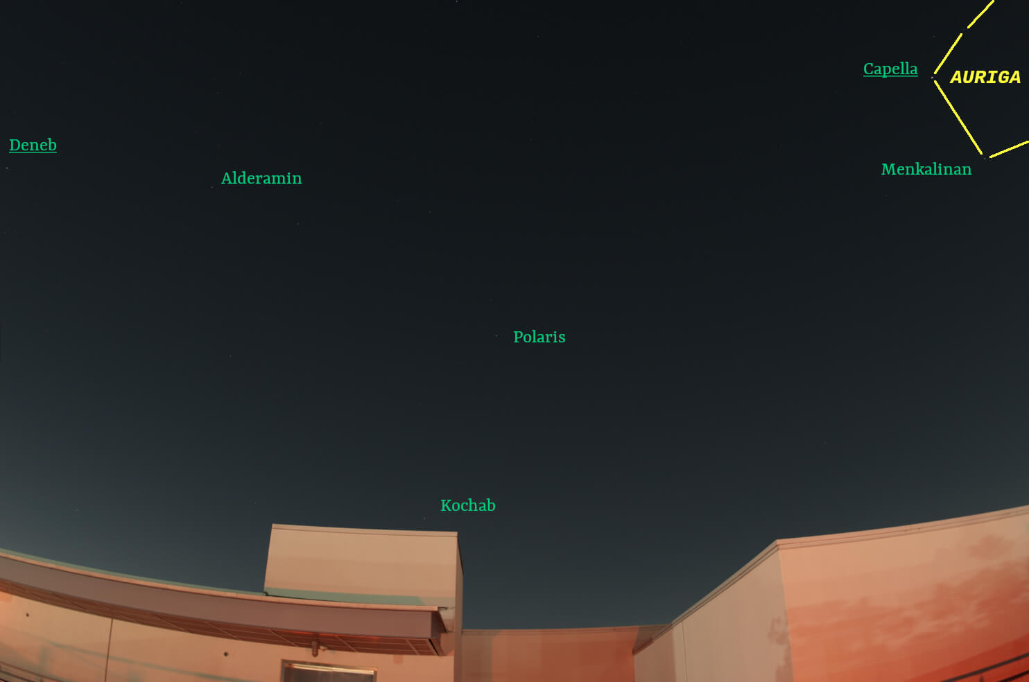 December sky looking north with stars and constellations labeled