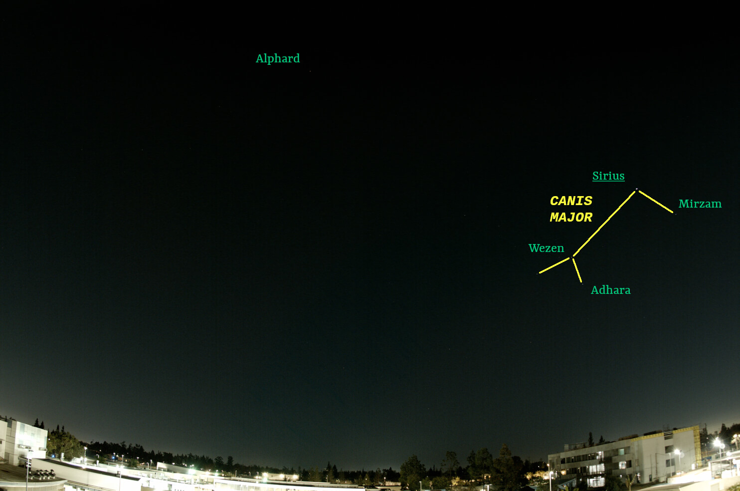 April sky looking south with stars and constellations labeled