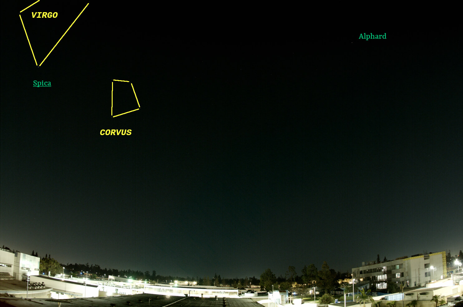 May sky looking south with stars and constellations labeled