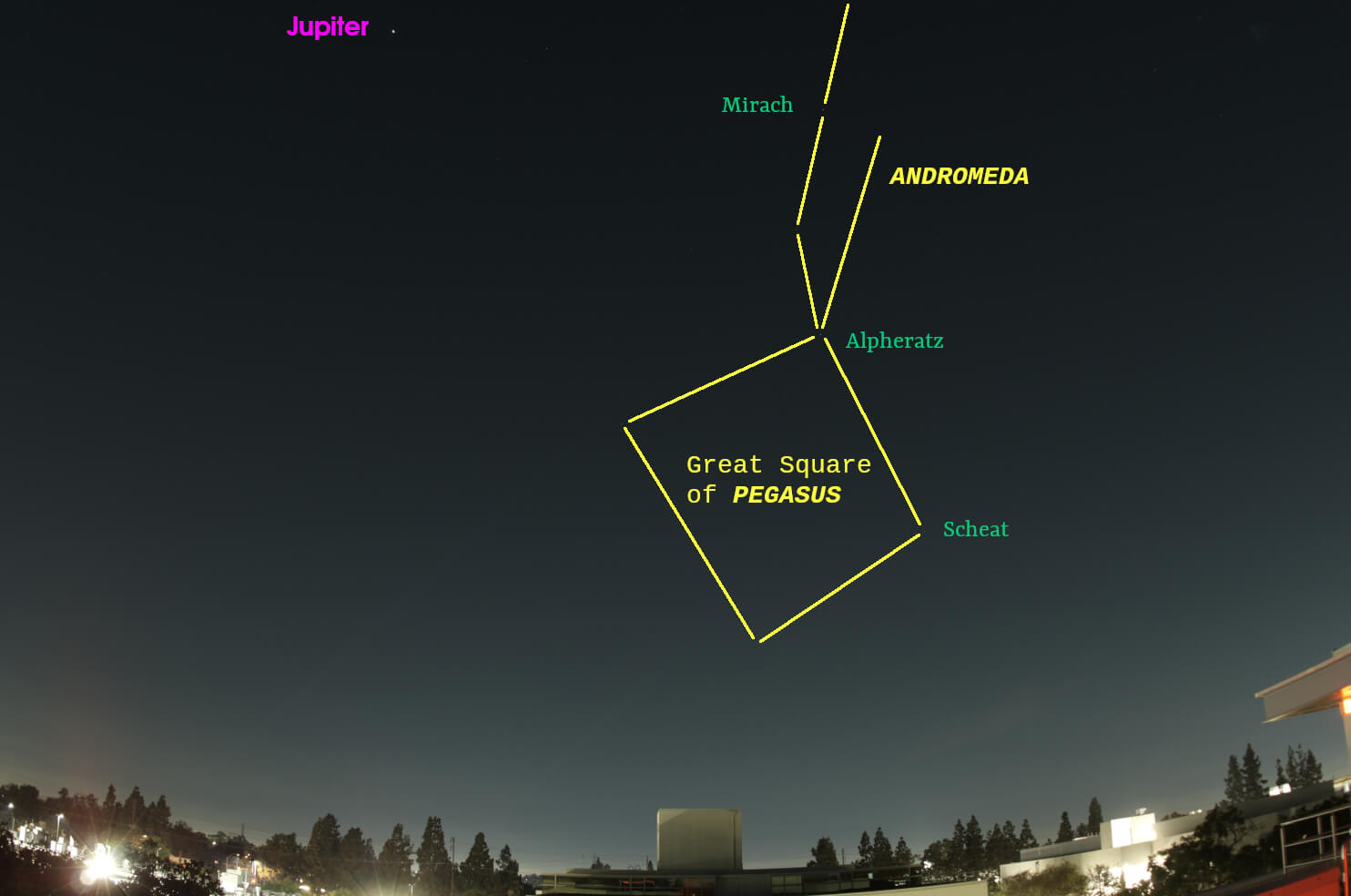 February sky looking west  with stars and constellations labeled