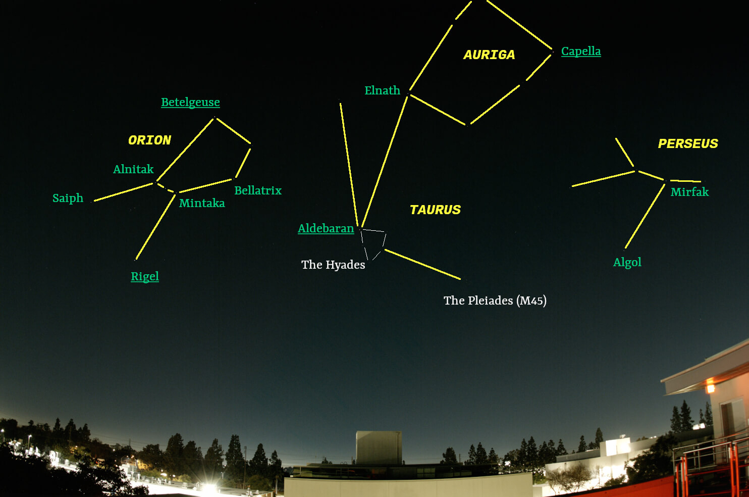 April sky looking west with stars and constellations labeled