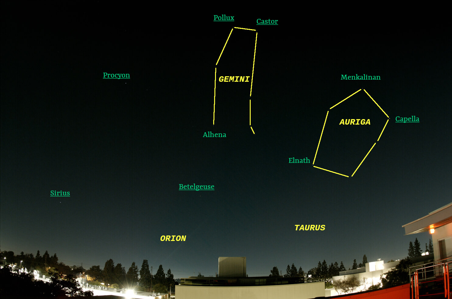 May sky looking west with stars and constellations labeled