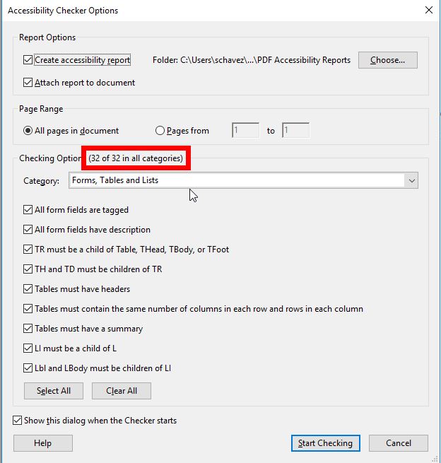 Accessibility Checker Options dialog box in Adobe Acrobat Pro DC