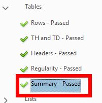 Table Summary - Passed option highlighted