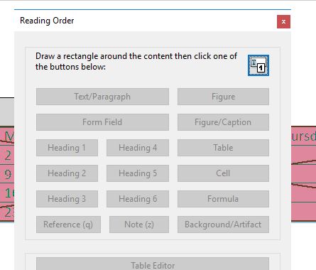 Adobe Acrobat Pro Reading Order dialog box over table